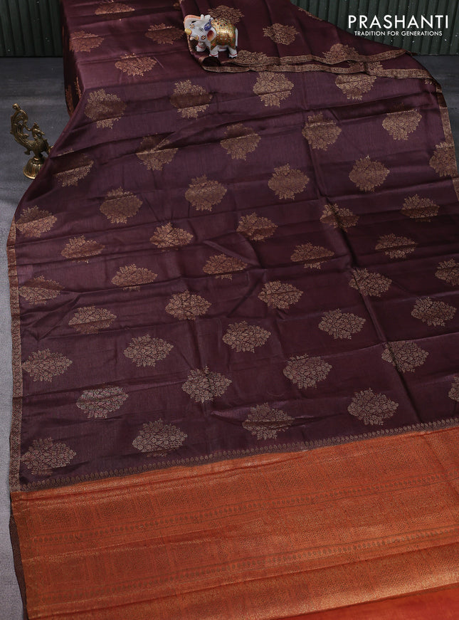 Banarasi tussar silk saree coffee brown and orange with thread & zari woven floral buttas and woven border