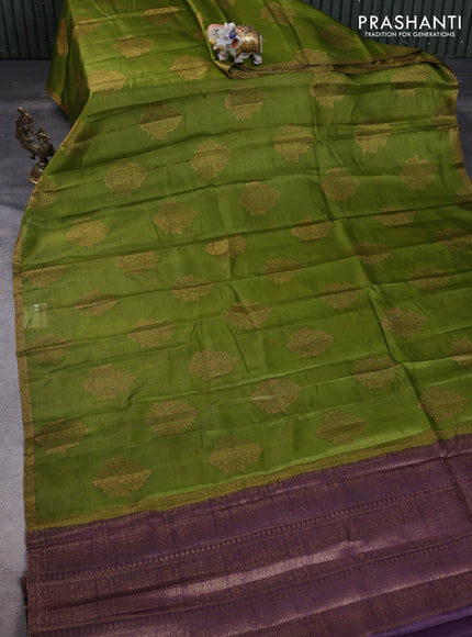 Banarasi tussar silk saree mehendi green and purple with thread & zari woven floral buttas and woven border