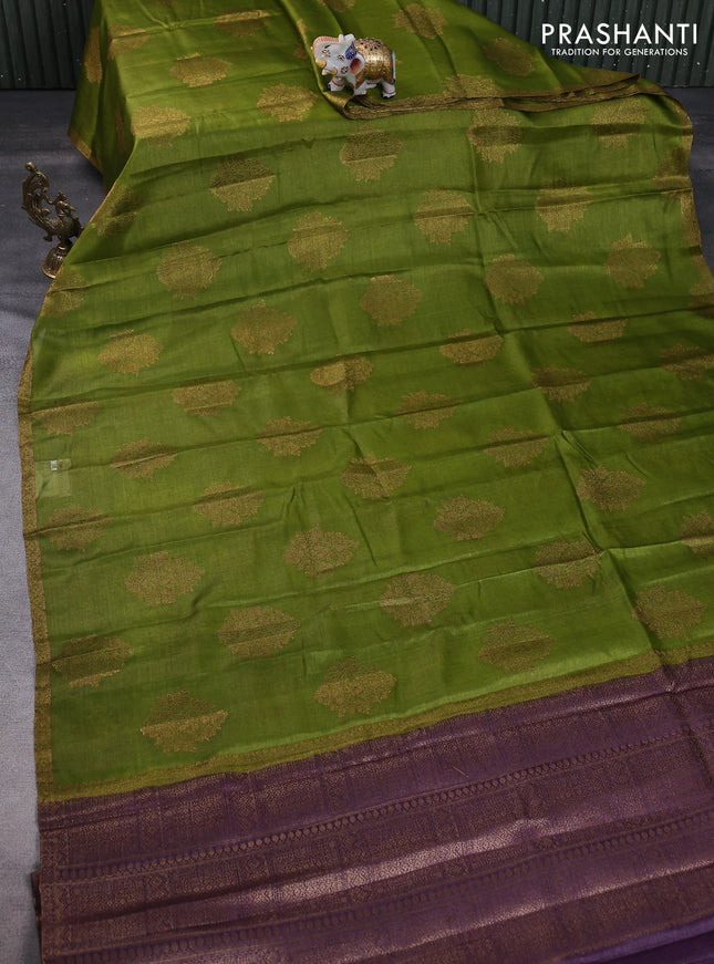 Banarasi tussar silk saree mehendi green and purple with thread & zari woven floral buttas and woven border