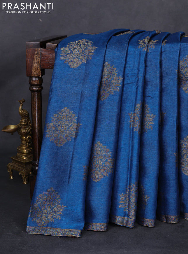 Banarasi tussar silk saree peacock blue and magenta pink with thread & zari woven floral buttas and woven border