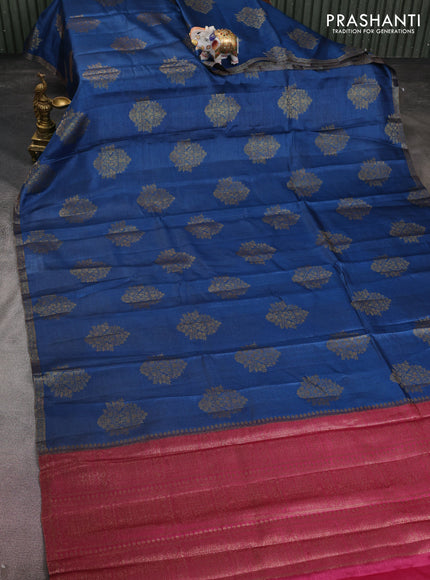 Banarasi tussar silk saree peacock blue and magenta pink with thread & zari woven floral buttas and woven border