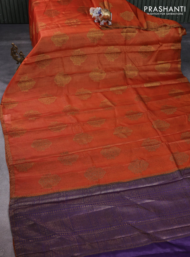 Banarasi tussar silk saree orange and violet with thread & zari woven floral buttas and woven border