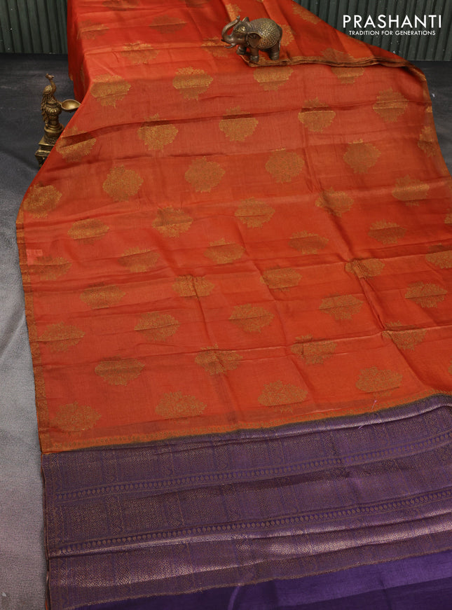 Banarasi tussar silk saree orange and purple with thread & zari woven floral buttas and woven border