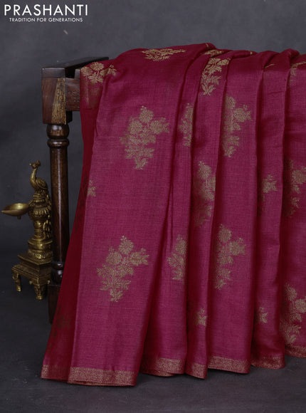 Banarasi tussar silk saree maroon and green with thread & zari woven floral buttas and woven border