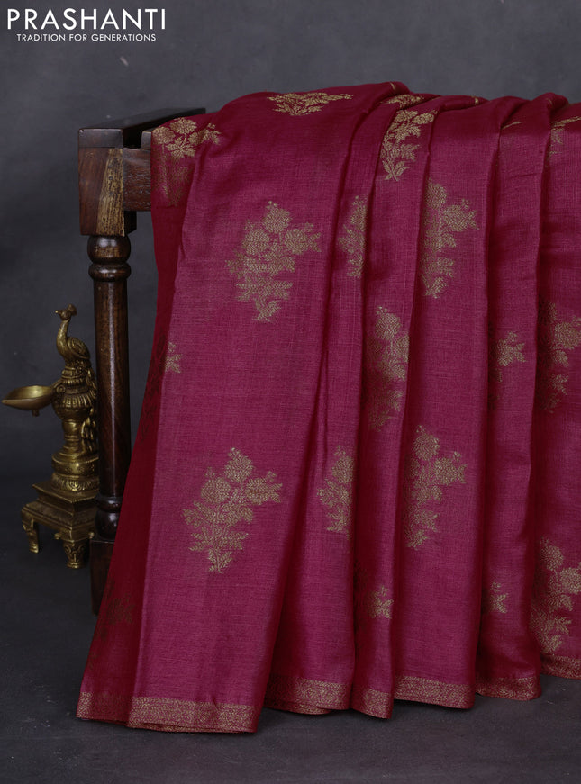 Banarasi tussar silk saree maroon and green with thread & zari woven floral buttas and woven border