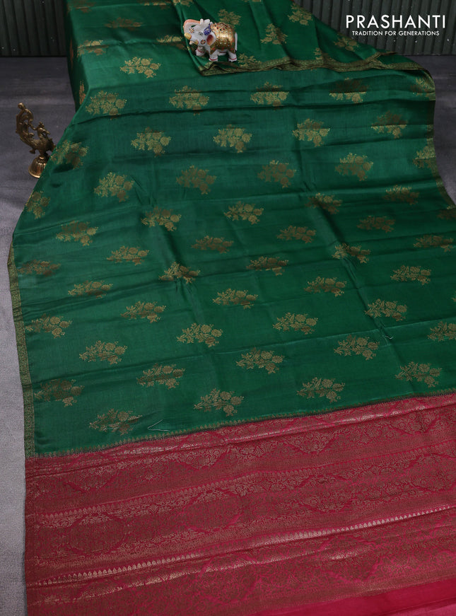 Banarasi tussar silk saree green and maroon with thread & zari woven floral buttas and woven border
