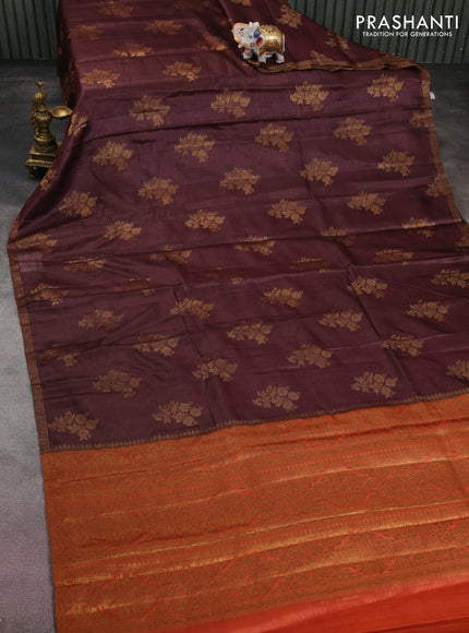 Banarasi tussar silk saree coffee brown and orange with thread & zari woven floral buttas and woven border