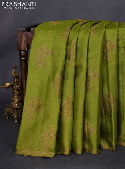 Banarasi tussar silk saree mehendi green and purple with thread & zari woven floral buttas and woven border