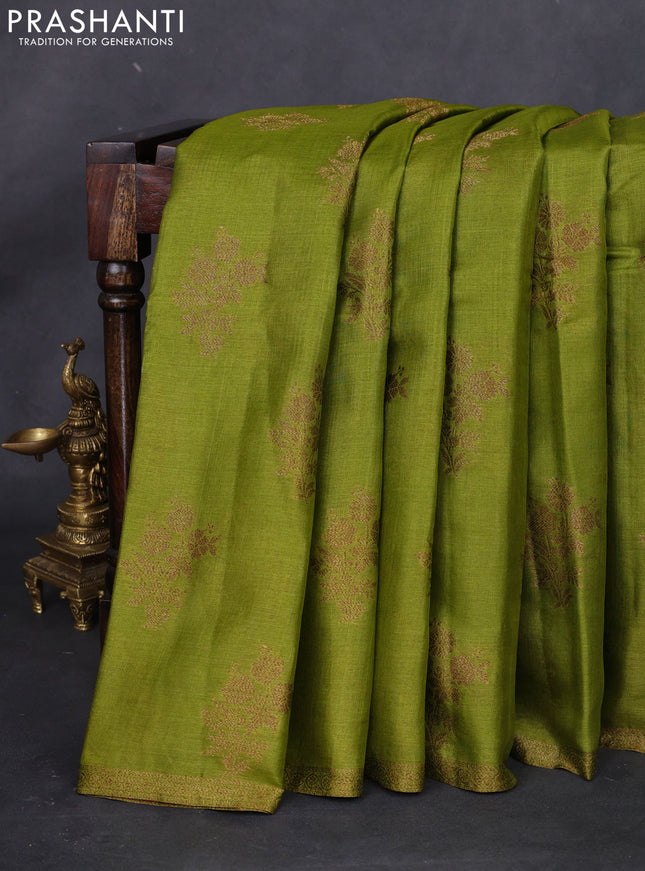 Banarasi tussar silk saree mehendi green and purple with thread & zari woven floral buttas and woven border