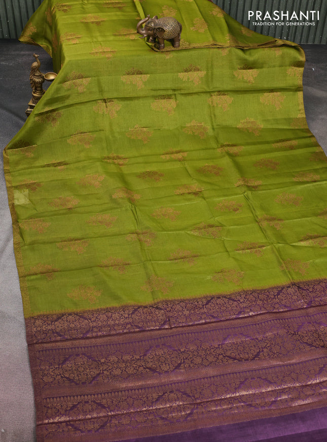 Banarasi tussar silk saree mehendi green and purple with thread & zari woven floral buttas and woven border