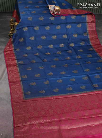 Banarasi tussar silk saree peacock blue and magenta pink with thread & zari woven floral buttas and woven border