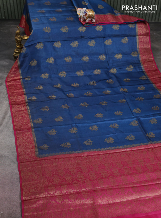 Banarasi tussar silk saree peacock blue and magenta pink with thread & zari woven floral buttas and woven border