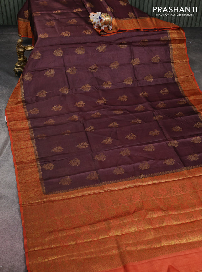 Banarasi tussar silk saree coffee brown and rust shade with thread & zari woven floral buttas and woven border