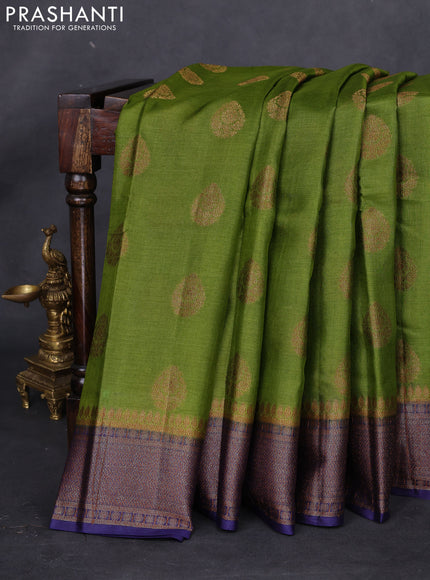 Banarasi tussar silk saree mehendi green and blue with thread & zari woven buttas and woven border