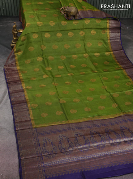 Banarasi tussar silk saree mehendi green and blue with thread & zari woven buttas and woven border