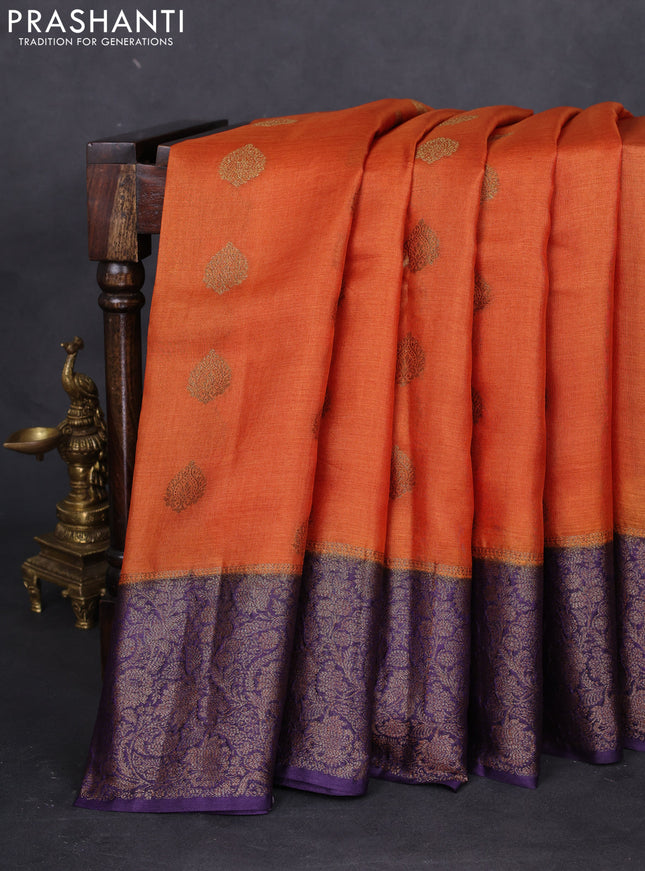 Banarasi tussar silk saree orange and purple with thread & zari woven buttas and woven border