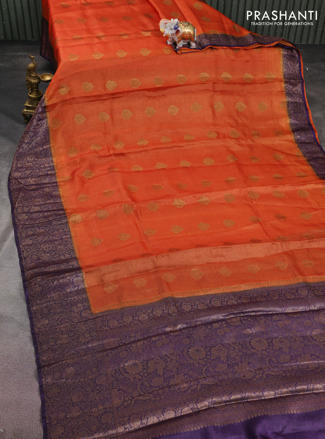Banarasi tussar silk saree orange and purple with thread & zari woven buttas and woven border