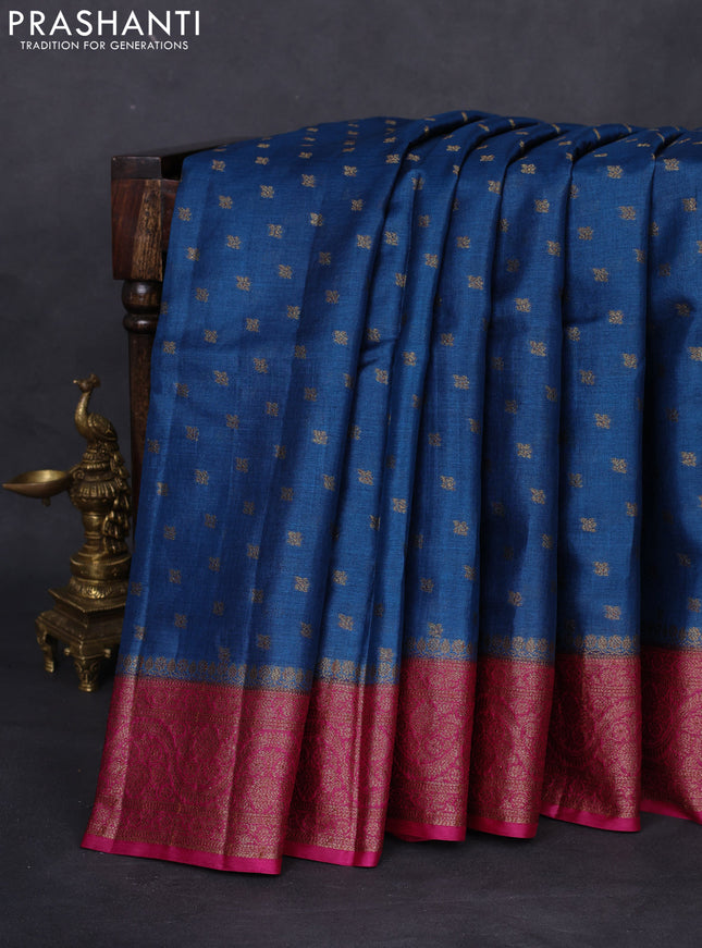 Banarasi tussar silk saree peacock blue and magenta pink with allover thread & zari woven buttas and woven border
