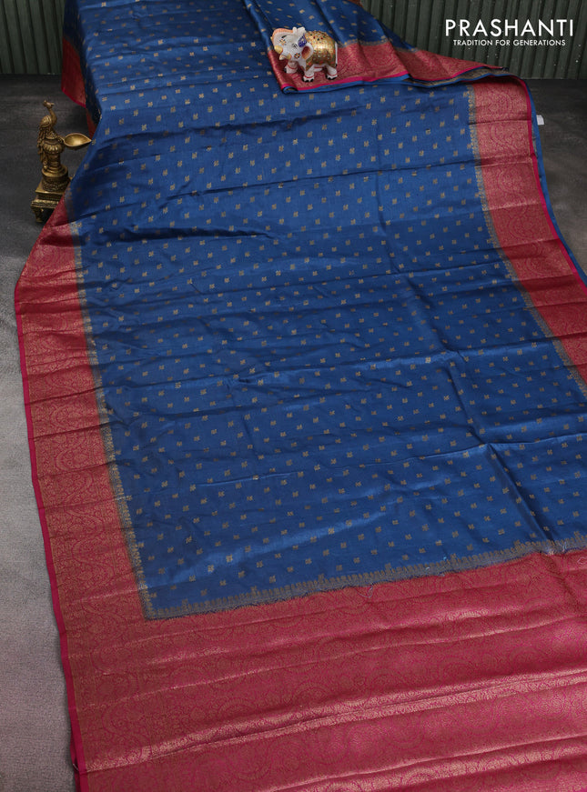 Banarasi tussar silk saree peacock blue and magenta pink with allover thread & zari woven buttas and woven border