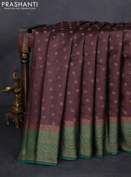 Banarasi tussar silk saree brown and green with allover thread & zari woven buttas and woven border