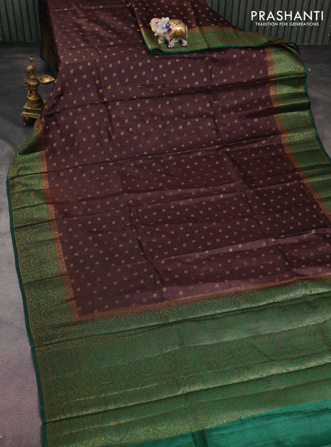 Banarasi tussar silk saree brown and green with allover thread & zari woven buttas and woven border