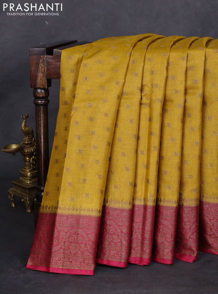 Banarasi tussar silk saree mustard yellow and maroon with allover thread & zari woven buttas and woven border