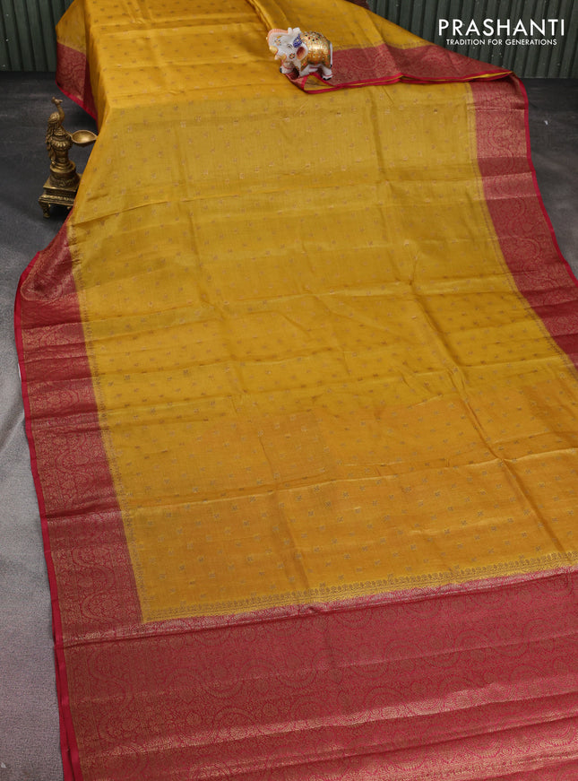 Banarasi tussar silk saree mustard yellow and maroon with allover thread & zari woven buttas and woven border