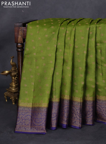 Banarasi tussar silk saree mehendi green and blue with allover thread & zari woven buttas and woven border