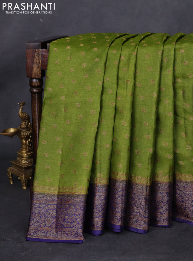 Banarasi tussar silk saree mehendi green and blue with allover thread & zari woven buttas and woven border