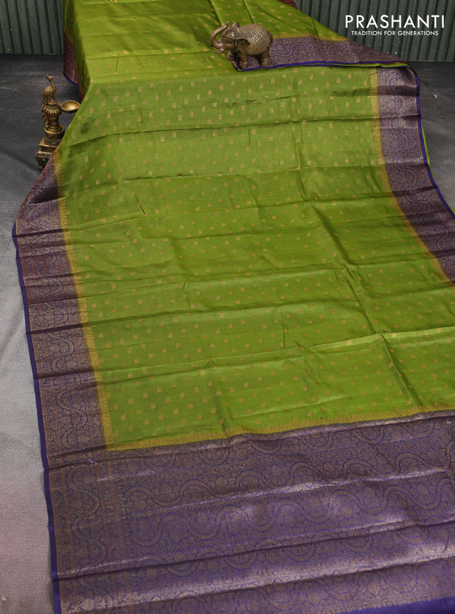 Banarasi tussar silk saree mehendi green and blue with allover thread & zari woven buttas and woven border