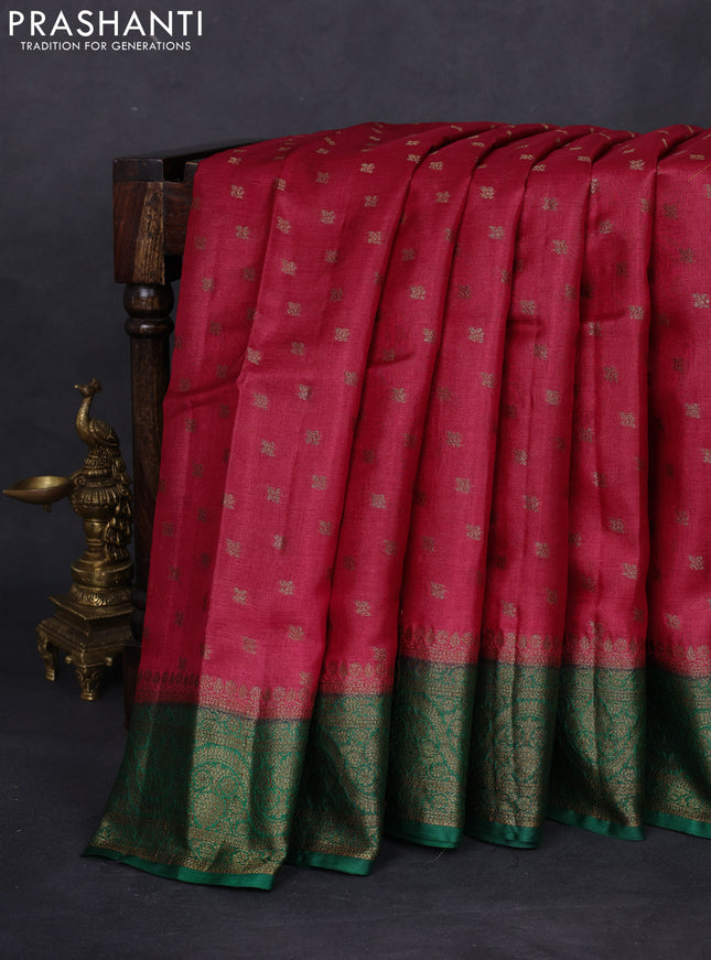 Banarasi tussar silk saree maroon and green with allover thread & zari woven buttas and woven border