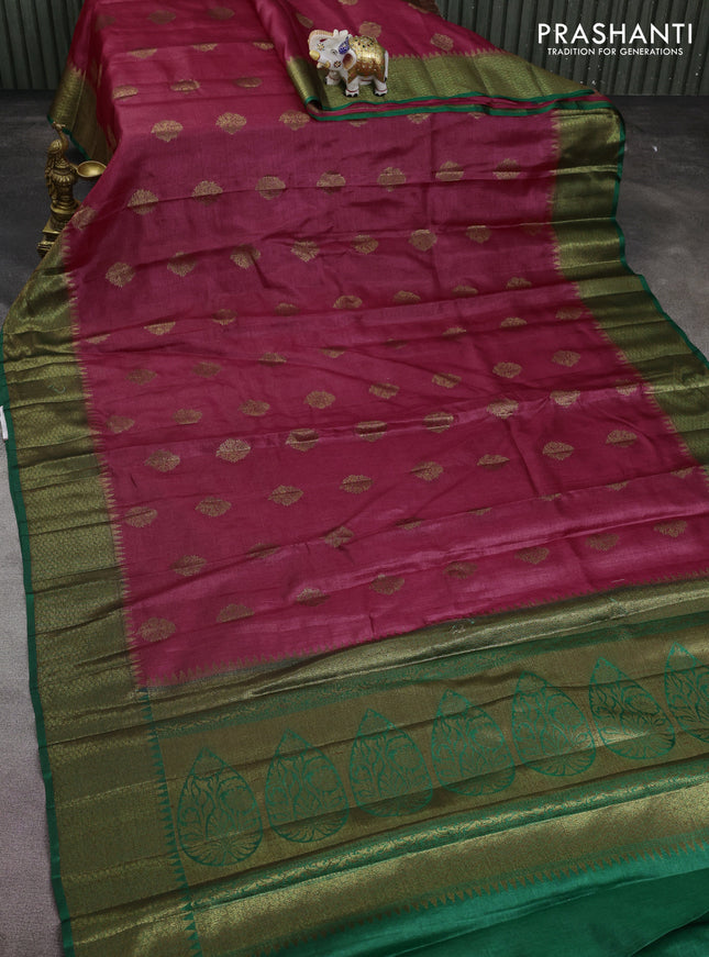 Banarasi tussar silk saree maroon and green with thread & zari woven buttas and woven border