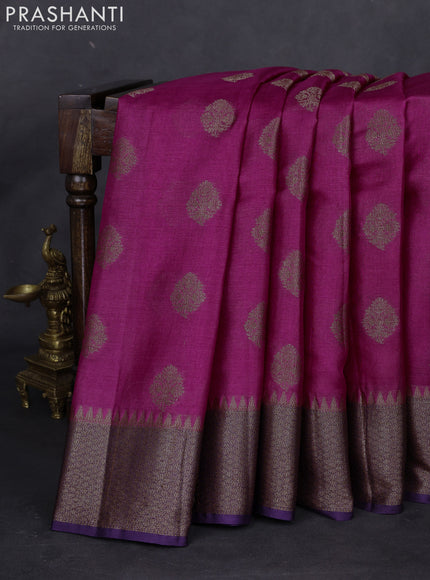 Banarasi tussar silk saree magenta pink and purple with thread & zari woven buttas and woven border