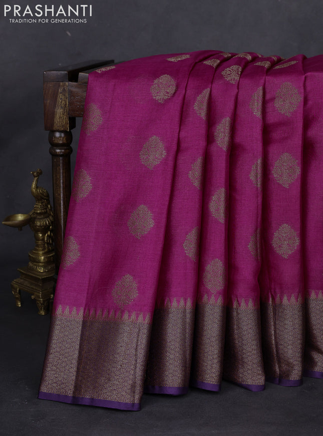 Banarasi tussar silk saree magenta pink and purple with thread & zari woven buttas and woven border