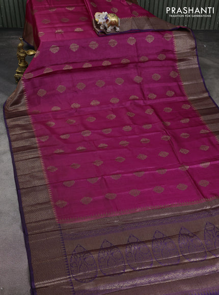 Banarasi tussar silk saree magenta pink and purple with thread & zari woven buttas and woven border