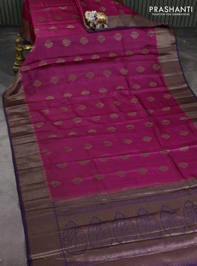 Banarasi tussar silk saree magenta pink and purple with thread & zari woven buttas and woven border