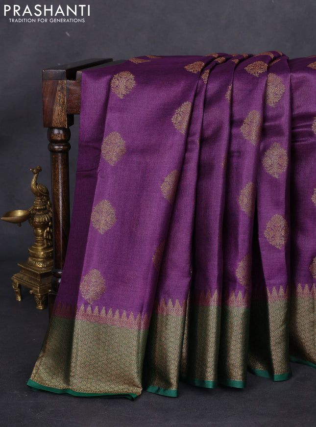 Banarasi tussar silk saree purple and green with thread & zari woven buttas and woven border