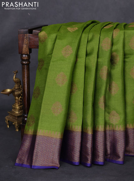 Banarasi tussar silk saree mehendi green and blue with thread & zari woven buttas and woven border