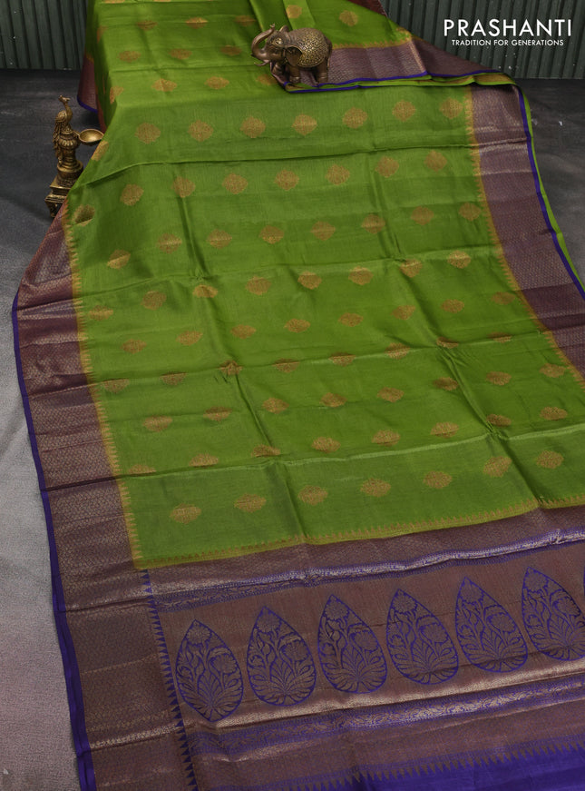 Banarasi tussar silk saree mehendi green and blue with thread & zari woven buttas and woven border
