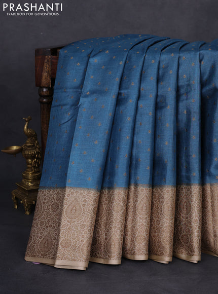 Banarasi tussar silk saree peacock blue and beige with allover thread & zari woven buttas and woven border