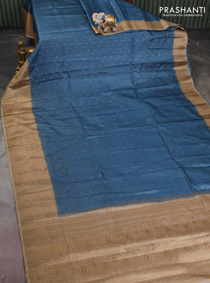 Banarasi tussar silk saree peacock blue and beige with allover thread & zari woven buttas and woven border