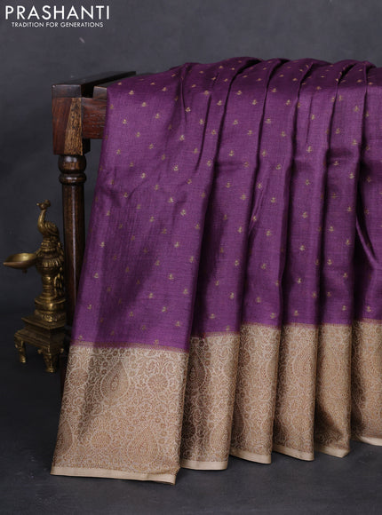 Banarasi tussar silk saree purple and beige with allover thread & zari woven buttas and woven border
