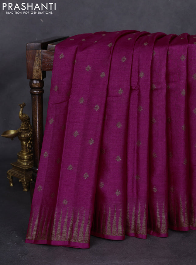 Banarasi tussar silk saree magenta pink and violet with thread & zari woven buttas and temple design woven border