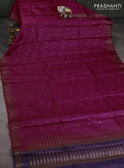 Banarasi tussar silk saree magenta pink and violet with thread & zari woven buttas and temple design woven border