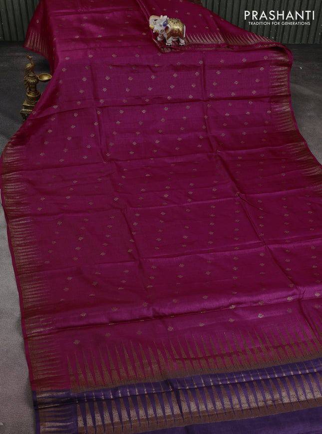 Banarasi tussar silk saree magenta pink and violet with thread & zari woven buttas and temple design woven border