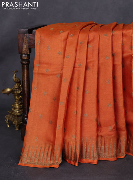 Banarasi tussar silk saree orange and violet with thread & zari woven buttas and temple design woven border
