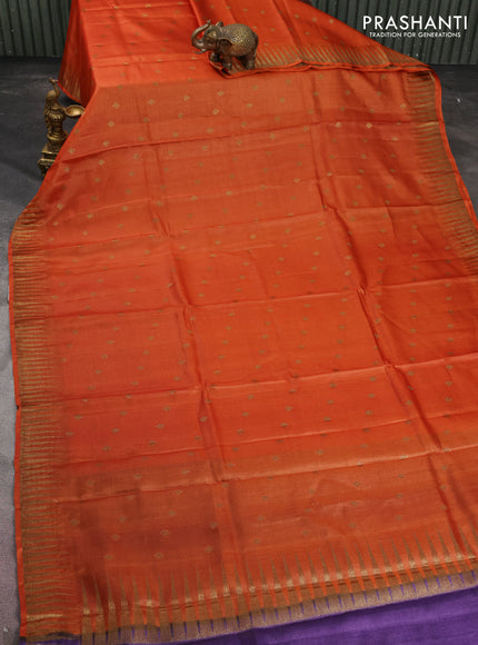 Banarasi tussar silk saree orange and violet with thread & zari woven buttas and temple design woven border