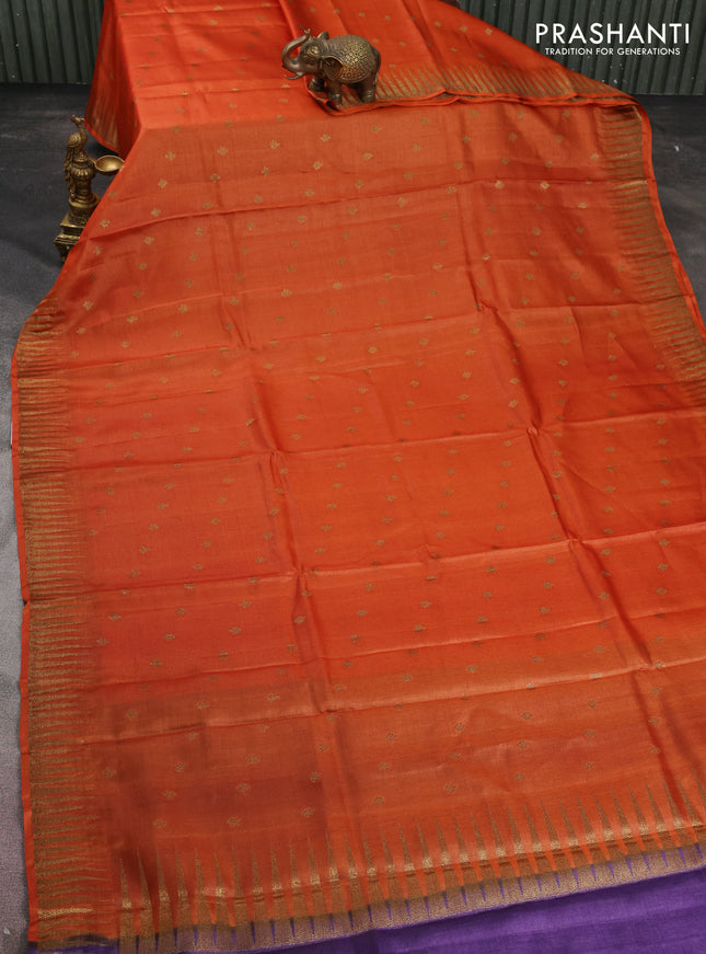Banarasi tussar silk saree orange and violet with thread & zari woven buttas and temple design woven border