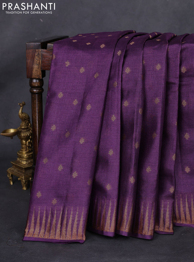 Banarasi tussar silk saree purple and green with thread & zari woven buttas and temple design woven border