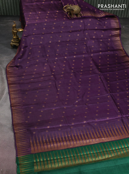 Banarasi tussar silk saree purple and green with thread & zari woven buttas and temple design woven border
